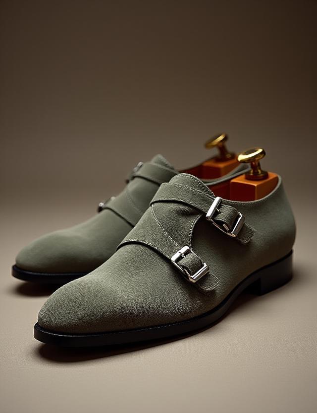 独特のバックルが付いたスエードの渋谷モンクストラップシューズ