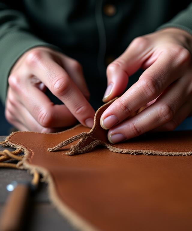 熟練した職人の手が革を丁寧に縫い合わせている様子を示す、緻密な仕事ぶり